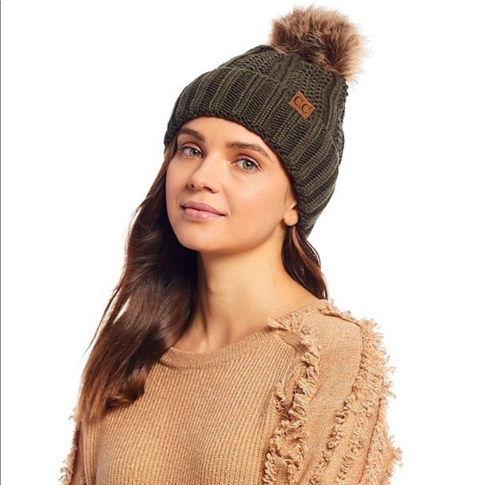 C C Pom Beanie Olive